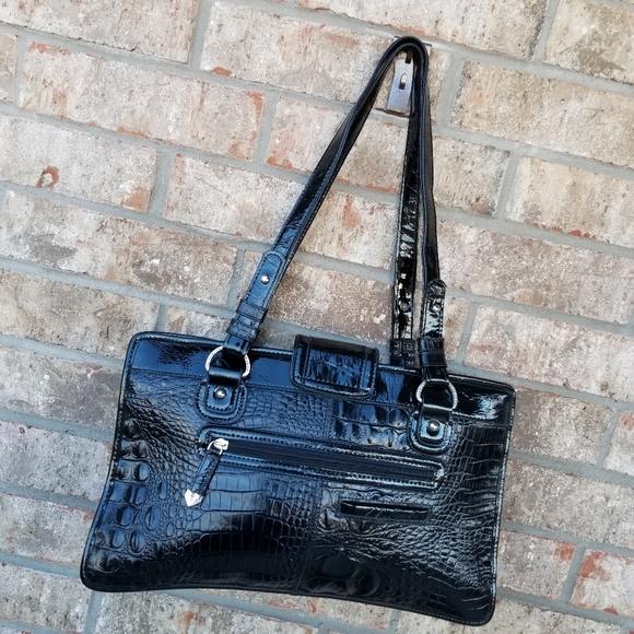 M. C. Marc Chantel Black Patent Croc Embossed Satchel Shoulder Bag Purse (15x9) - Picture 2 of 8